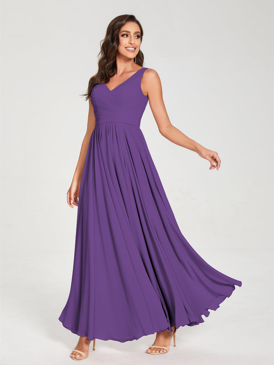 A-Line/Princess Chiffon V-Neck Sleeveless With Pleats Floor-Length Lace Up Bridesmaid Dresses Purple
