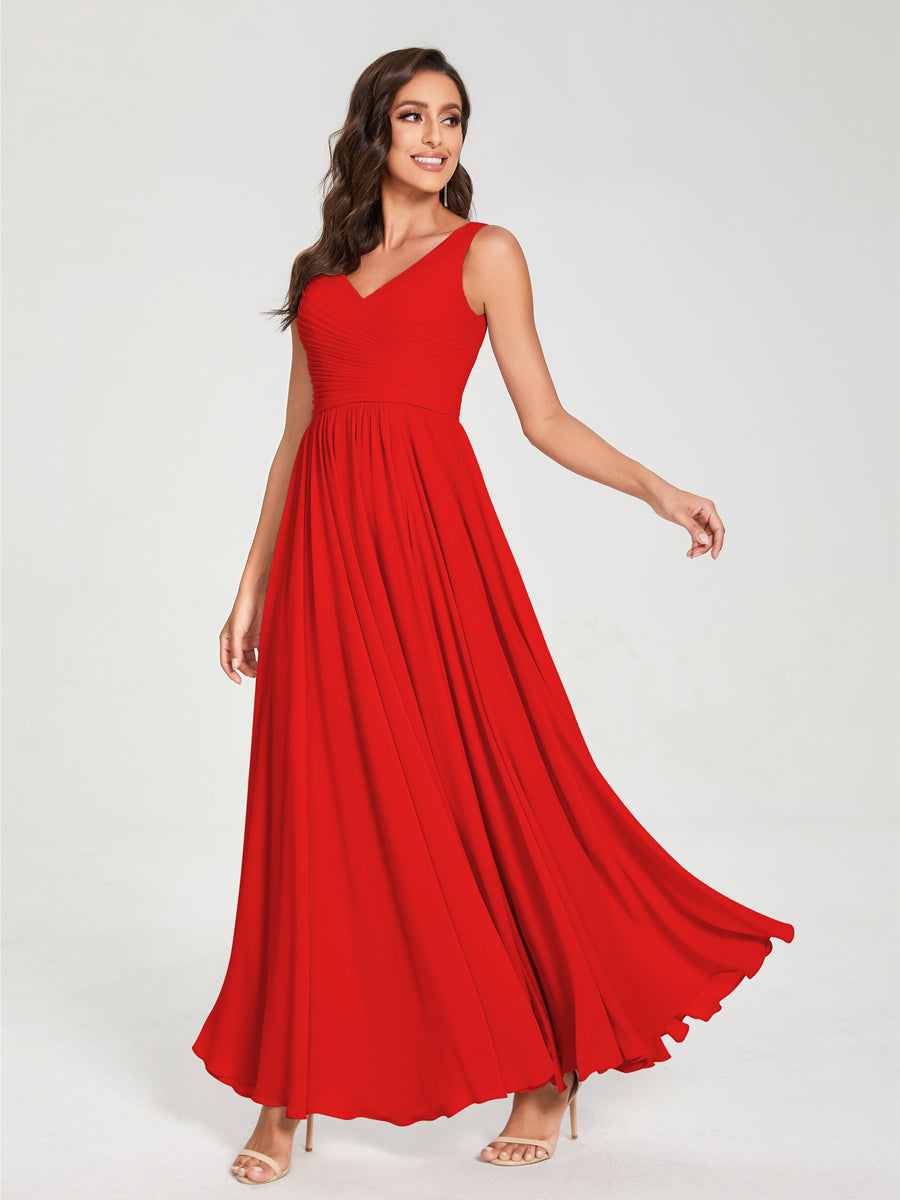 A-Line/Princess Chiffon V-Neck Sleeveless With Pleats Floor-Length Lace Up Bridesmaid Dresses Red