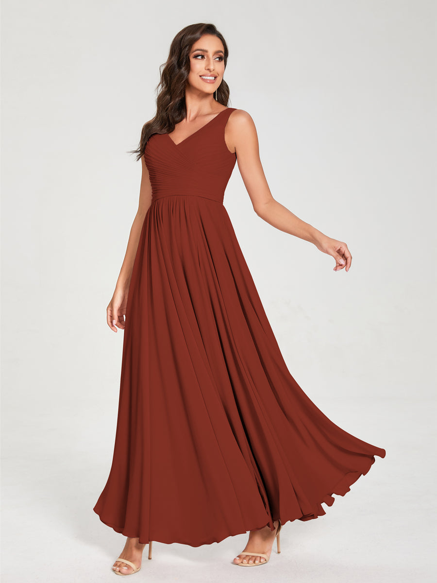 A-Line/Princess Chiffon V-Neck Sleeveless With Pleats Floor-Length Lace Up Bridesmaid Dresses Rust