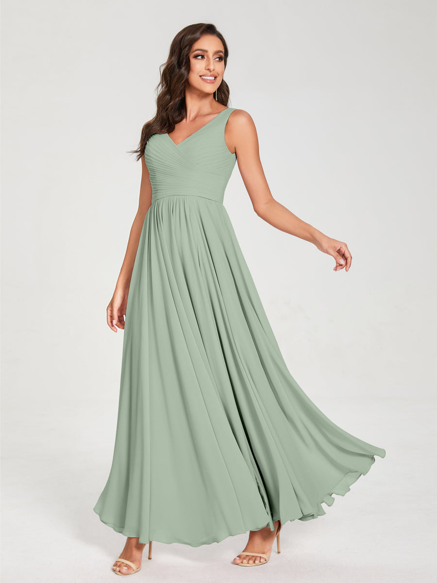 A-Line/Princess Chiffon V-Neck Sleeveless With Pleats Floor-Length Lace Up Bridesmaid Dresses Sage