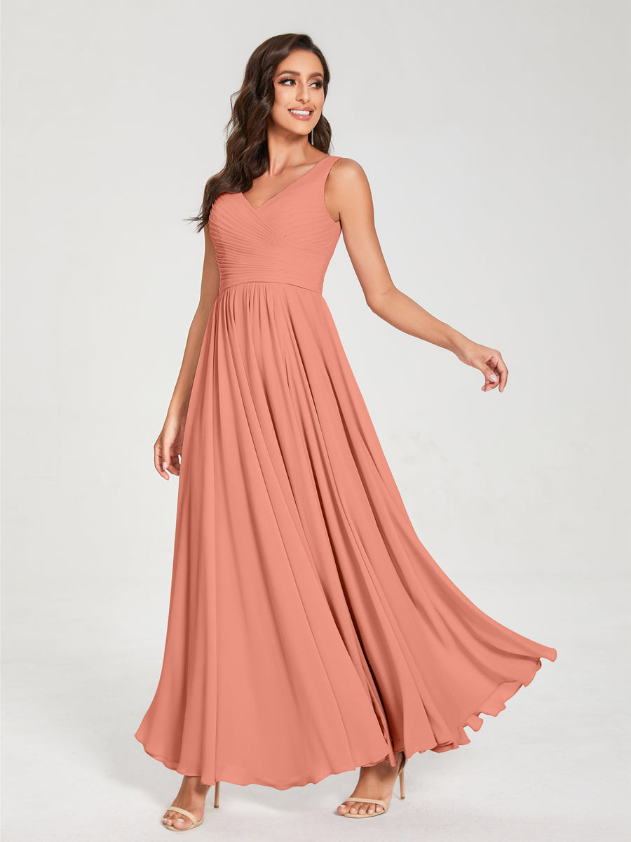 A-Line/Princess Chiffon V-Neck Sleeveless With Pleats Floor-Length Lace Up Bridesmaid Dresses Salmon