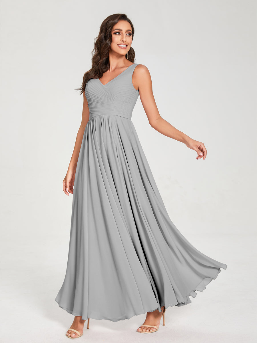 A-Line/Princess Chiffon V-Neck Sleeveless With Pleats Floor-Length Lace Up Bridesmaid Dresses Silver