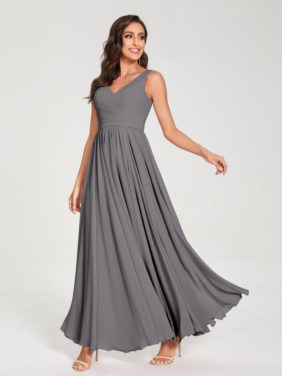 A-Line/Princess Chiffon V-Neck Sleeveless With Pleats Floor-Length Lace Up Bridesmaid Dresses Silver Gray