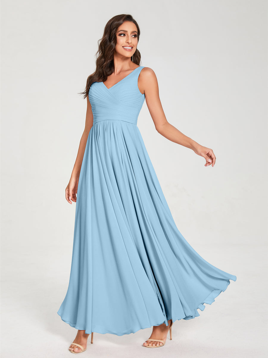 A-Line/Princess Chiffon V-Neck Sleeveless With Pleats Floor-Length Lace Up Bridesmaid Dresses Sky Blue