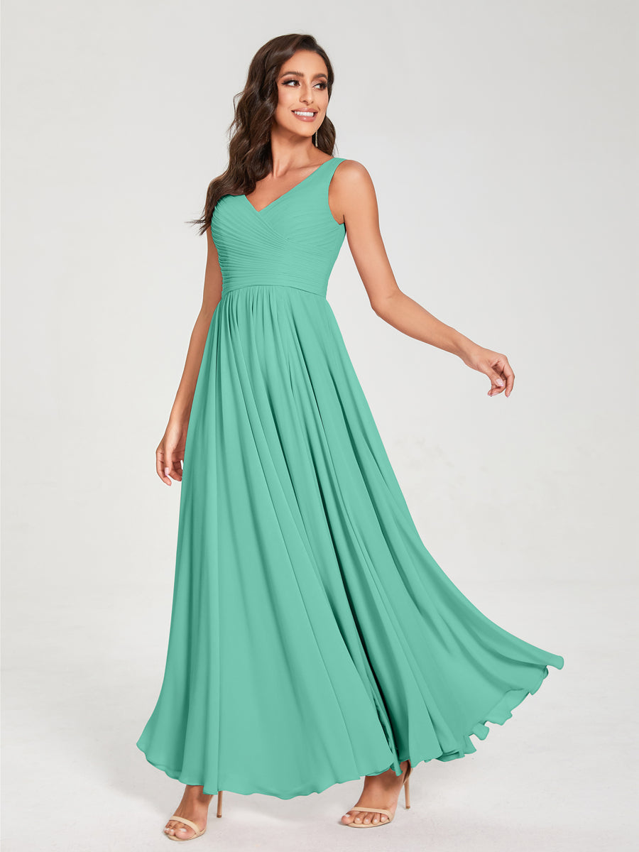 A-Line/Princess Chiffon V-Neck Sleeveless With Pleats Floor-Length Lace Up Bridesmaid Dresses Spa