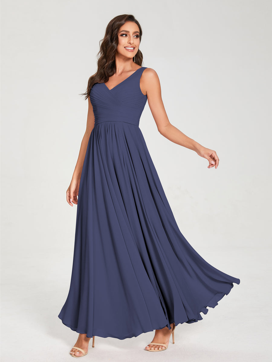 A-Line/Princess Chiffon V-Neck Sleeveless With Pleats Floor-Length Lace Up Bridesmaid Dresses Stormy Blue