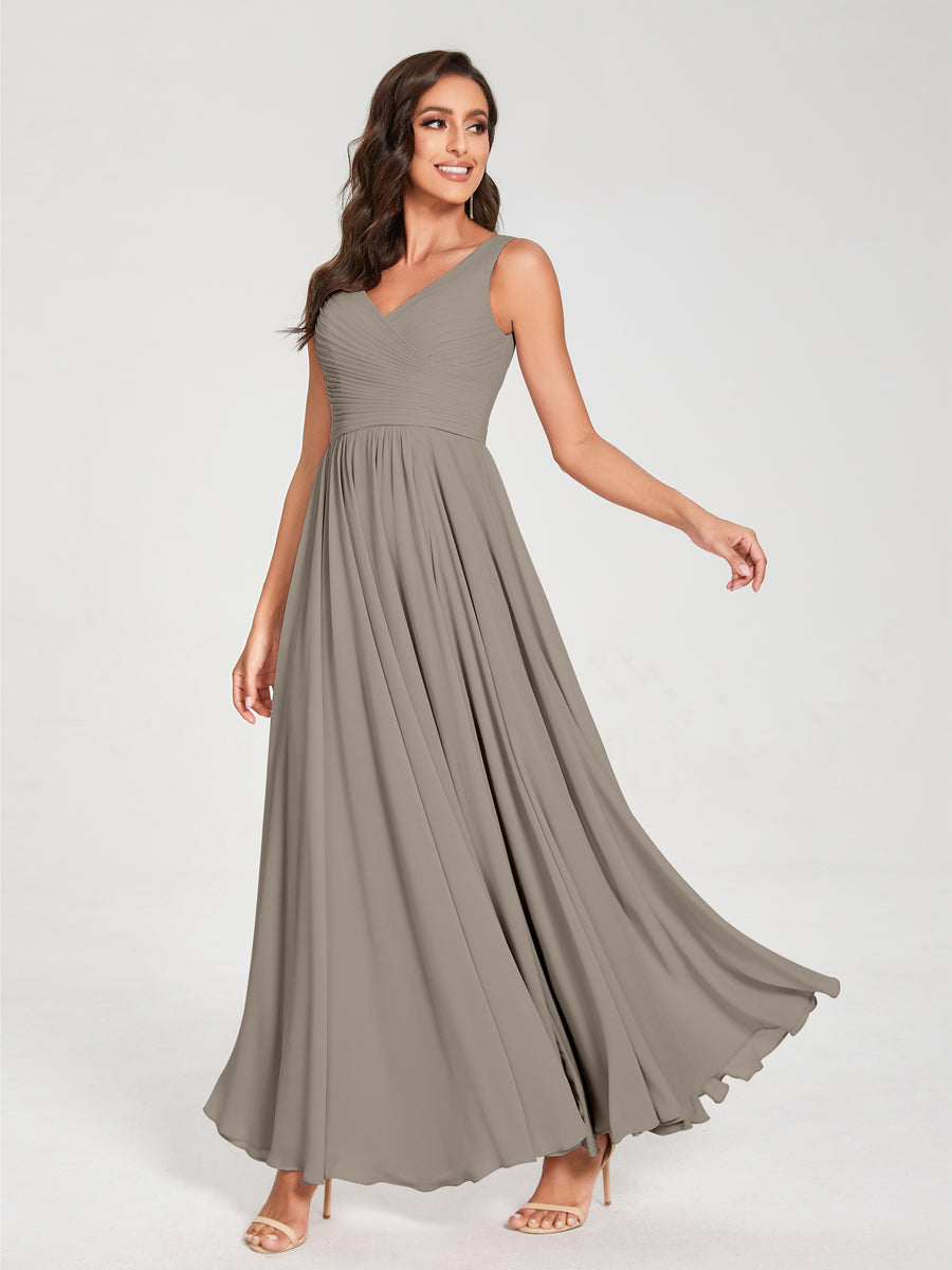 A-Line/Princess Chiffon V-Neck Sleeveless With Pleats Floor-Length Lace Up Bridesmaid Dresses Taupe