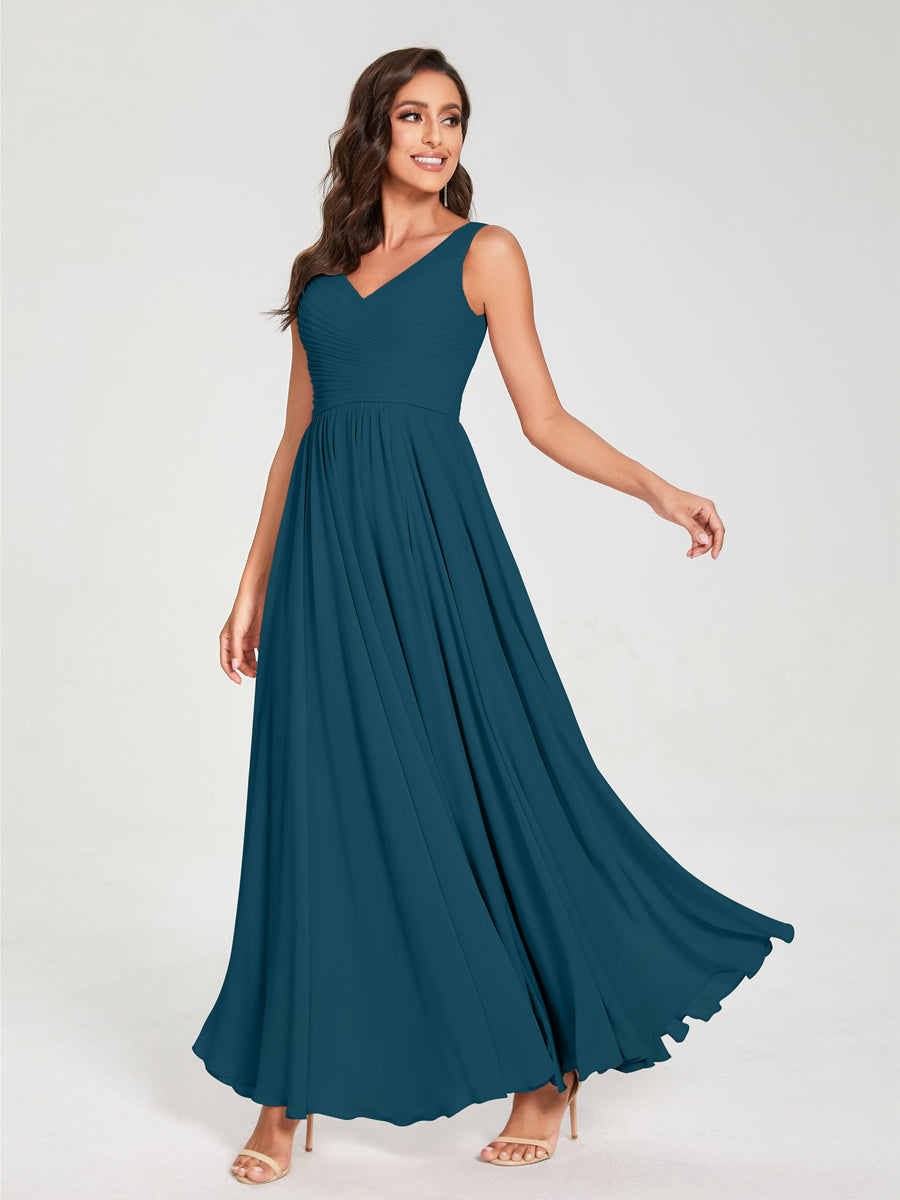 A-Line/Princess Chiffon V-Neck Sleeveless With Pleats Floor-Length Lace Up Bridesmaid Dresses Teal
