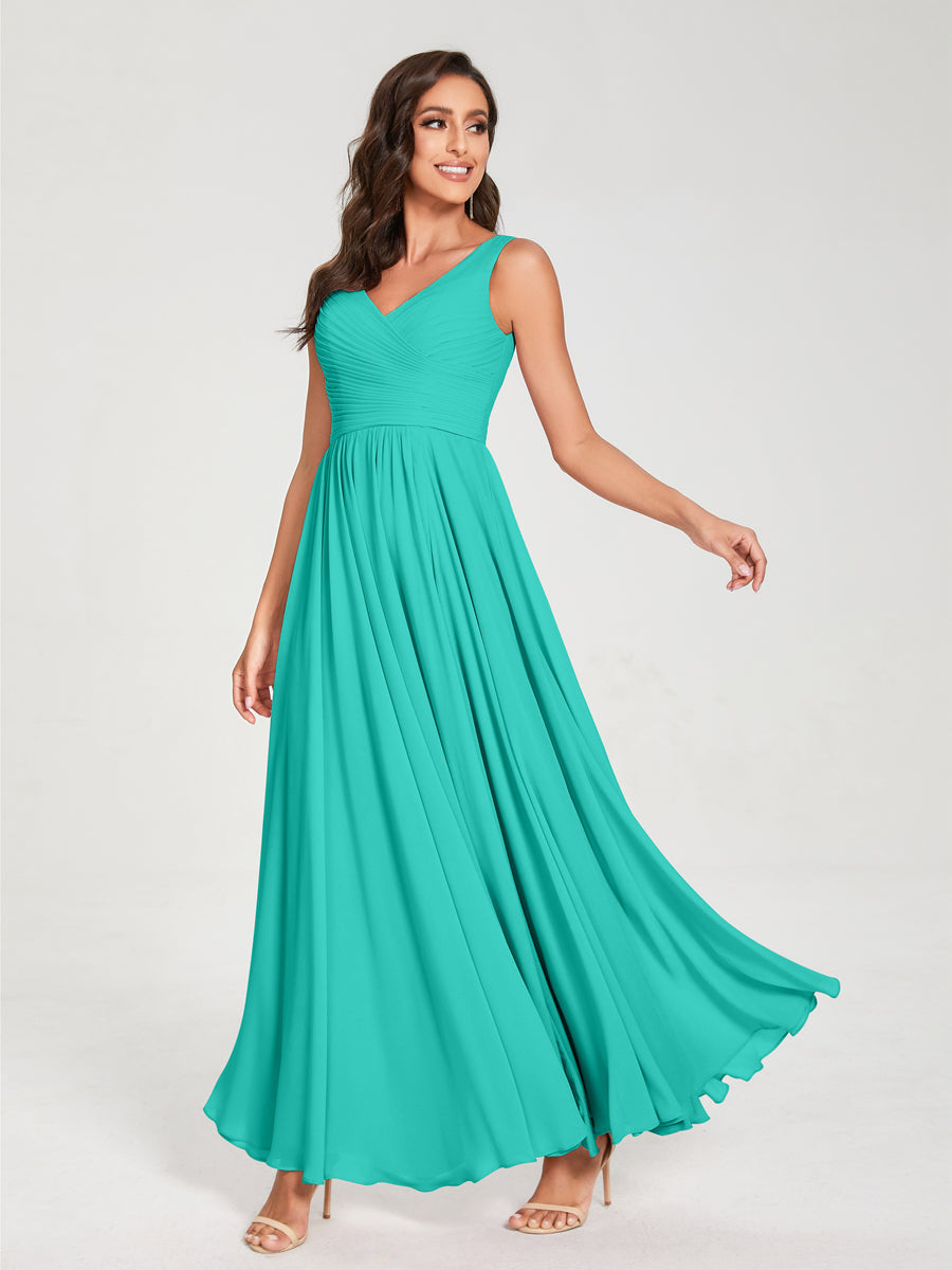 A-Line/Princess Chiffon V-Neck Sleeveless With Pleats Floor-Length Lace Up Bridesmaid Dresses Turquoise