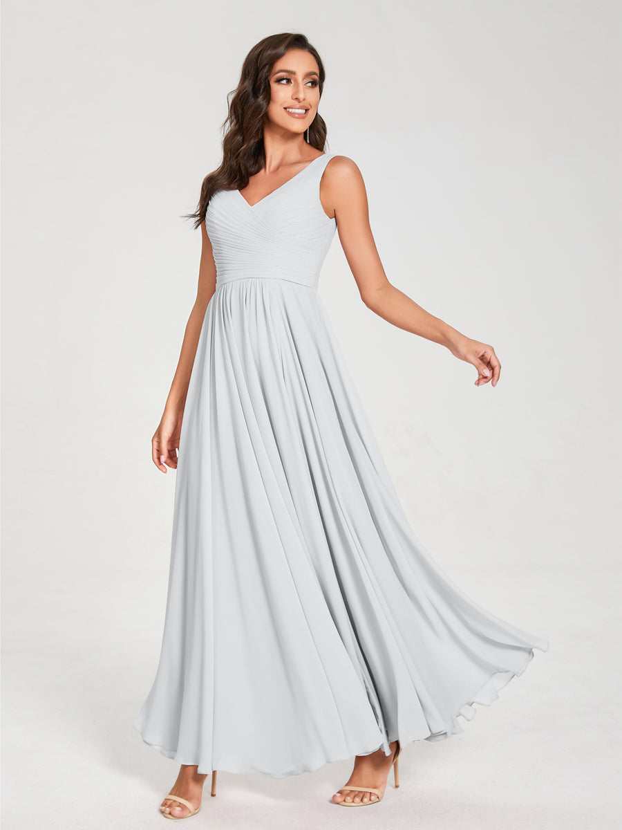 A-Line/Princess Chiffon V-Neck Sleeveless With Pleats Floor-Length Lace Up Bridesmaid Dresses White