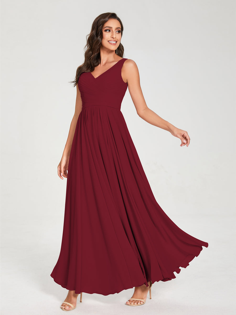 A-Line/Princess Chiffon V-Neck Sleeveless With Pleats Floor-Length Lace Up Bridesmaid Dresses Wine Red