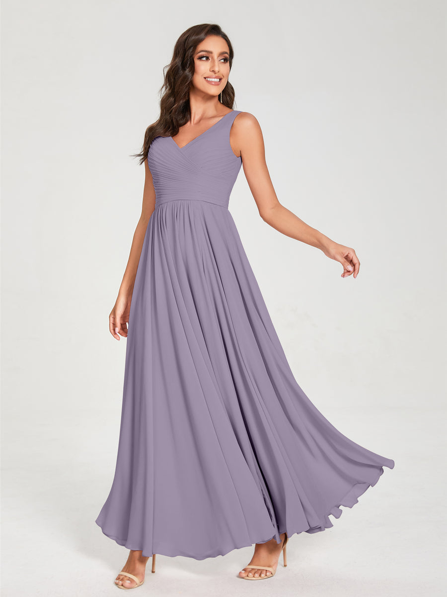 A-Line/Princess Chiffon V-Neck Sleeveless With Pleats Floor-Length Lace Up Bridesmaid Dresses Wisteria