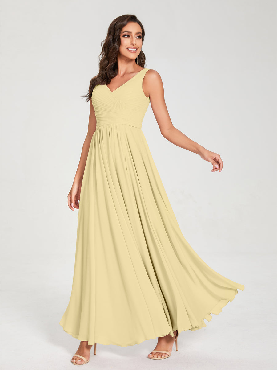 A-Line/Princess Chiffon V-Neck Sleeveless With Pleats Floor-Length Lace Up Bridesmaid Dresses Yellow