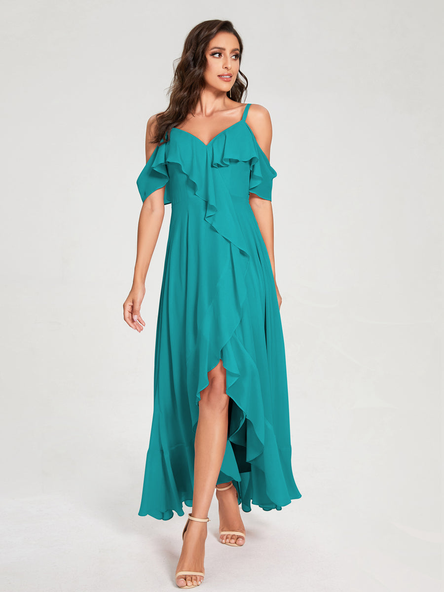 A-Line/Princess Chiffon Spaghetti Straps V-Neck Short Sleeves With Ruffles Asymmetrical Bridesmaid Dresses Aqua Blue