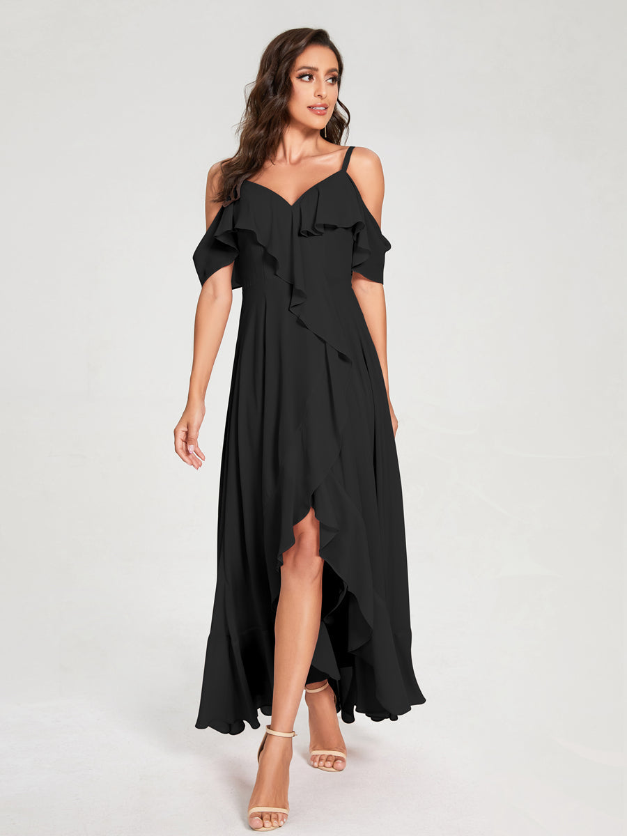 A-Line/Princess Chiffon Spaghetti Straps V-Neck Short Sleeves With Ruffles Asymmetrical Bridesmaid Dresses Black