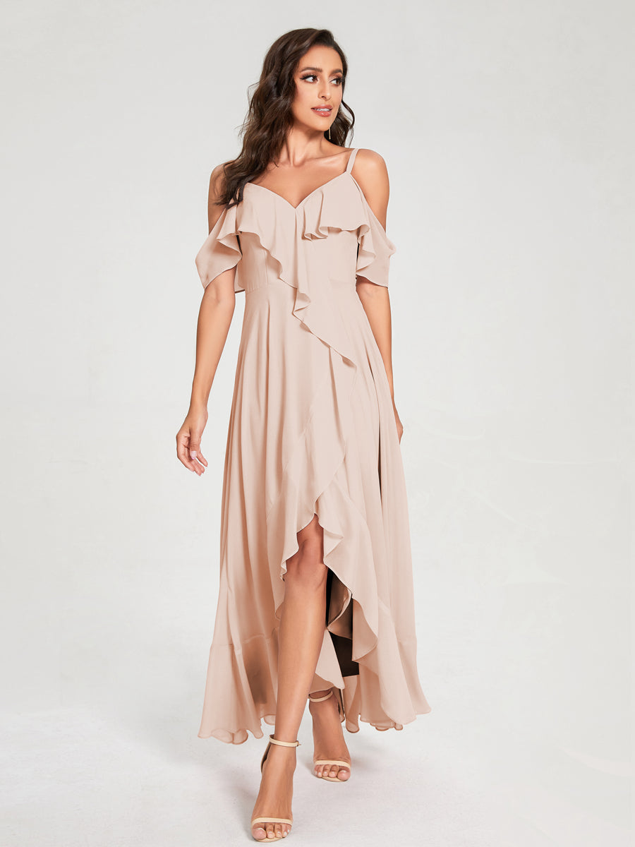 A-Line/Princess Chiffon Spaghetti Straps V-Neck Short Sleeves With Ruffles Asymmetrical Bridesmaid Dresses Blush Pink