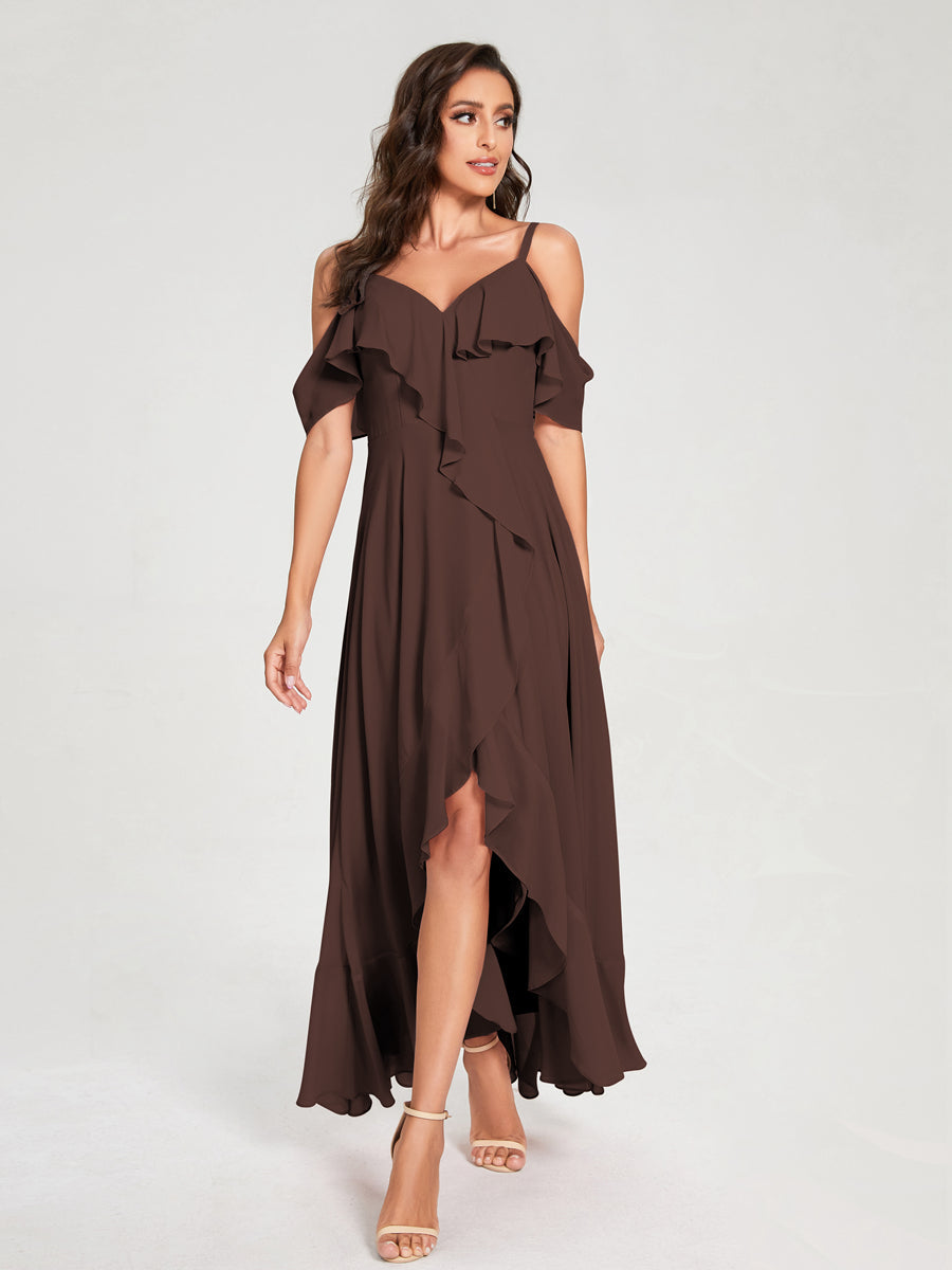 A-Line/Princess Chiffon Spaghetti Straps V-Neck Short Sleeves With Ruffles Asymmetrical Bridesmaid Dresses Brown