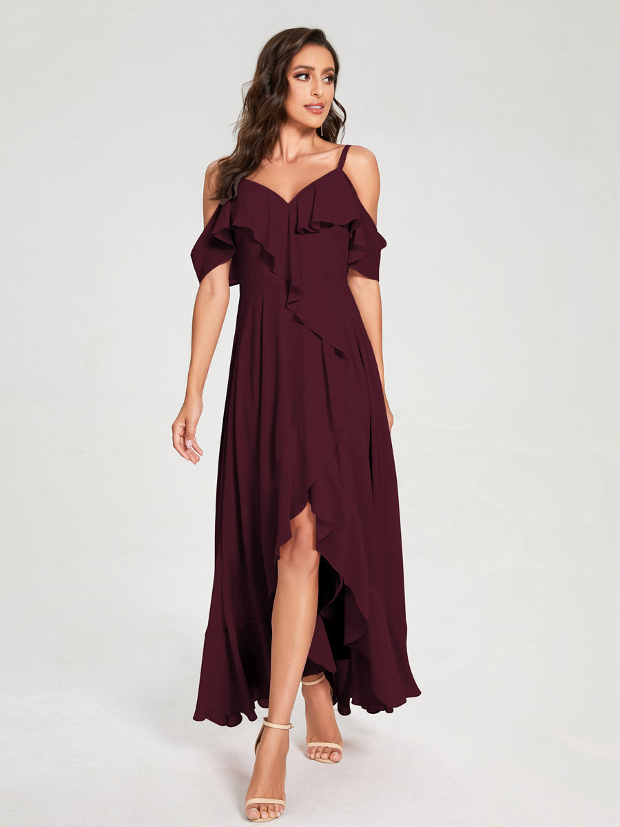 A-Line/Princess Chiffon Spaghetti Straps V-Neck Short Sleeves With Ruffles Asymmetrical Bridesmaid Dresses Burgundy
