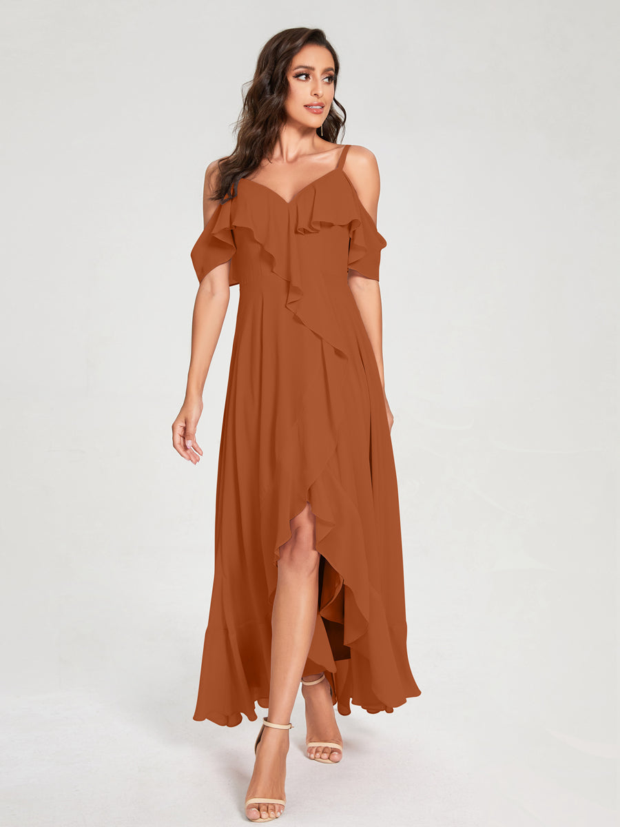 A-Line/Princess Chiffon Spaghetti Straps V-Neck Short Sleeves With Ruffles Asymmetrical Bridesmaid Dresses Burnt Orange