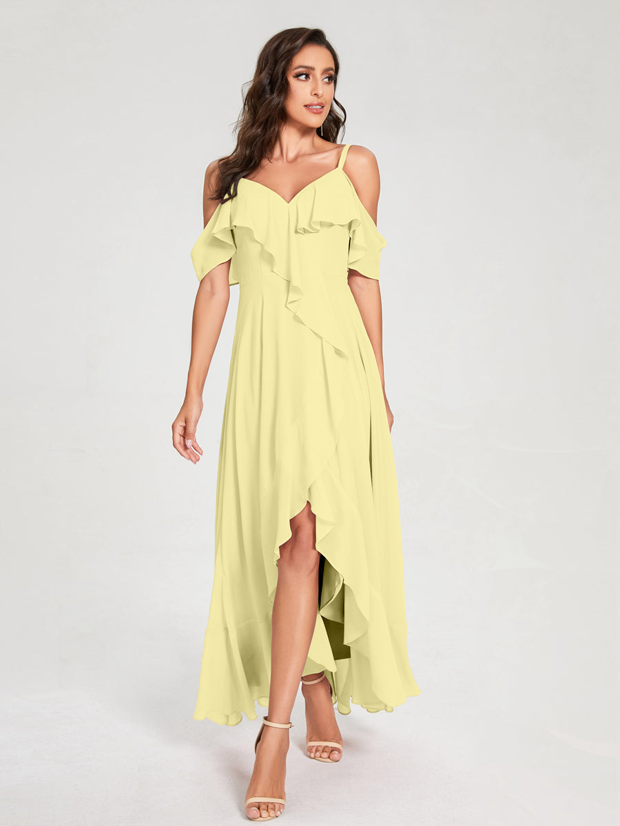 A-Line/Princess Chiffon Spaghetti Straps V-Neck Short Sleeves With Ruffles Asymmetrical Bridesmaid Dresses Canary