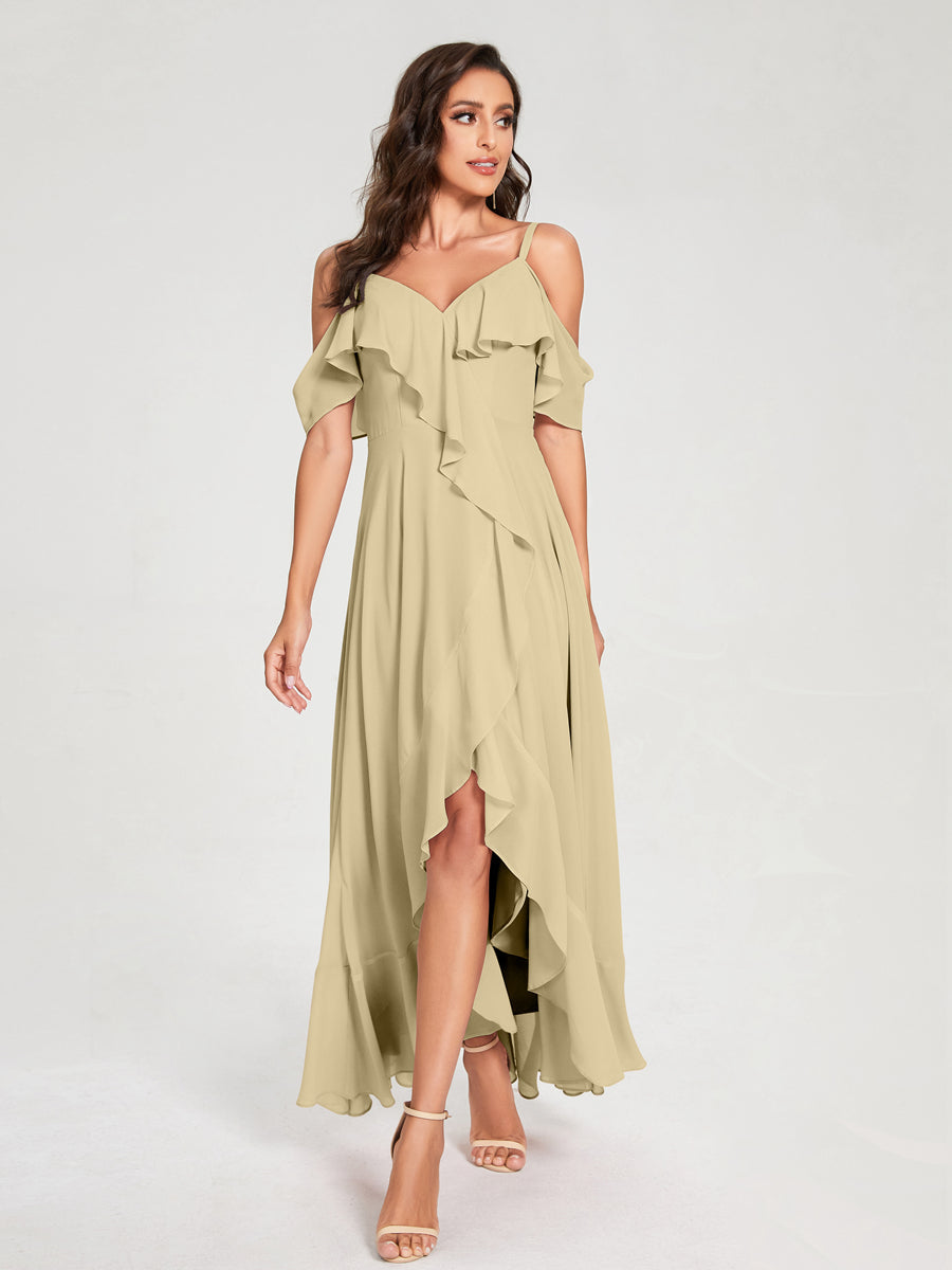 A-Line/Princess Chiffon Spaghetti Straps V-Neck Short Sleeves With Ruffles Asymmetrical Bridesmaid Dresses Champagne