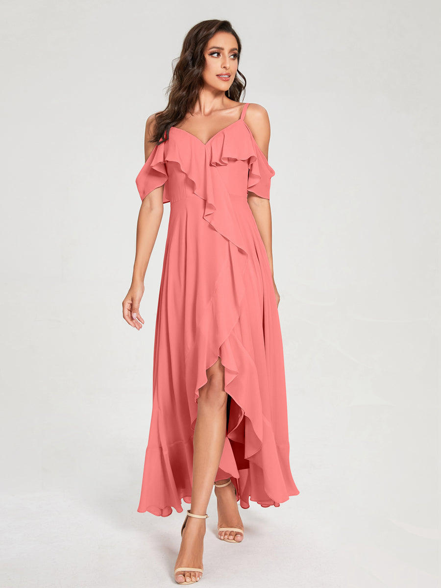 A-Line/Princess Chiffon Spaghetti Straps V-Neck Short Sleeves With Ruffles Asymmetrical Bridesmaid Dresses Coral