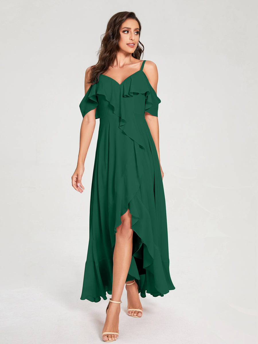 A-Line/Princess Chiffon Spaghetti Straps V-Neck Short Sleeves With Ruffles Asymmetrical Bridesmaid Dresses Dark Green