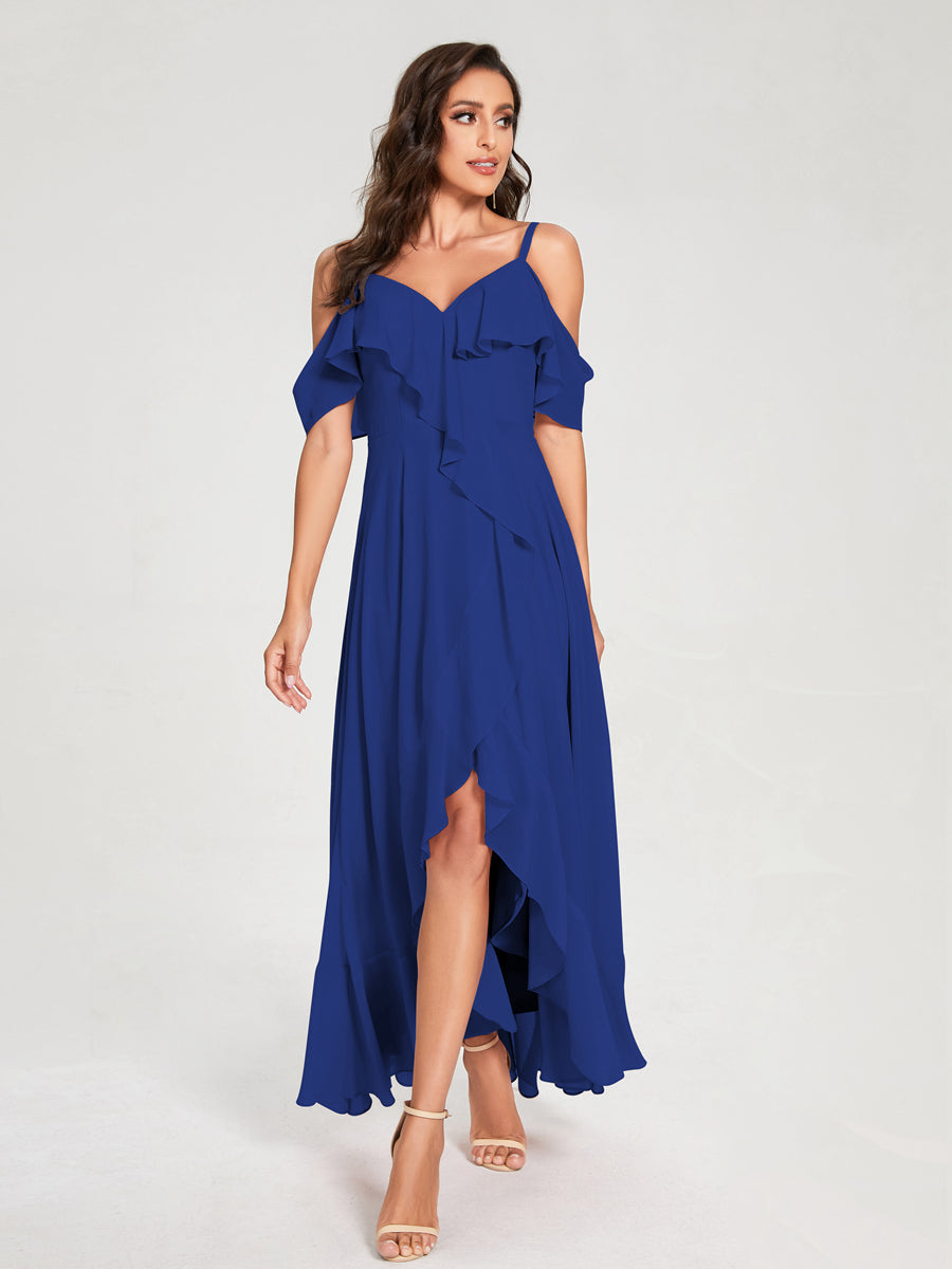 A-Line/Princess Chiffon Spaghetti Straps V-Neck Short Sleeves With Ruffles Asymmetrical Bridesmaid Dresses Dark Royal Blue