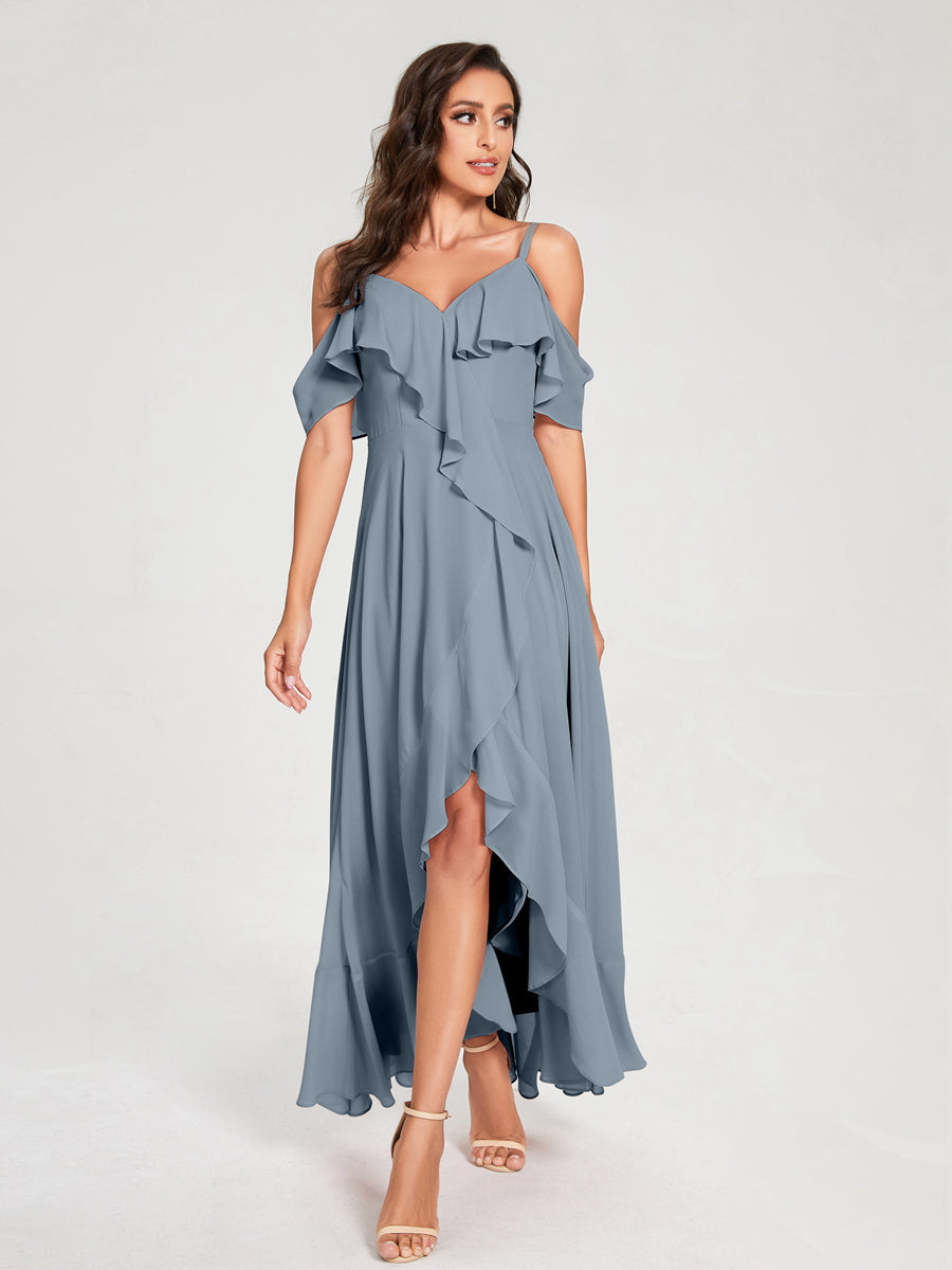 A-Line/Princess Chiffon Spaghetti Straps V-Neck Short Sleeves With Ruffles Asymmetrical Bridesmaid Dresses Dusty Blue