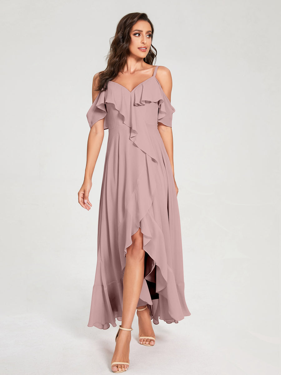A-Line/Princess Chiffon Spaghetti Straps V-Neck Short Sleeves With Ruffles Asymmetrical Bridesmaid Dresses Dusty Pink