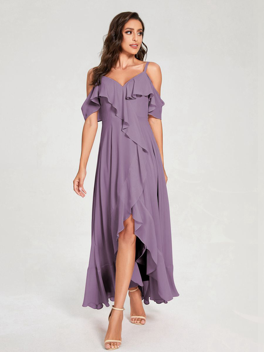 A-Line/Princess Chiffon Spaghetti Straps V-Neck Short Sleeves With Ruffles Asymmetrical Bridesmaid Dresses Dusty Purple