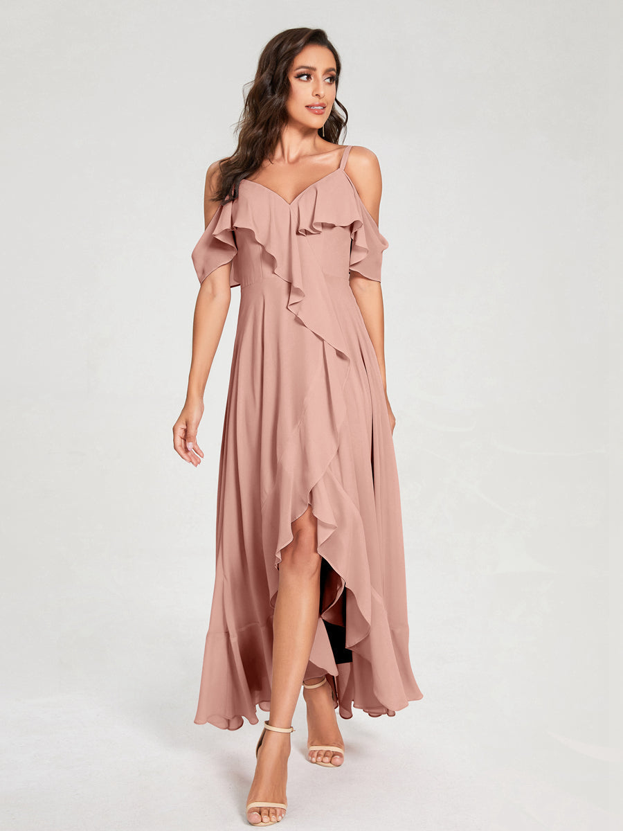 A-Line/Princess Chiffon Spaghetti Straps V-Neck Short Sleeves With Ruffles Asymmetrical Bridesmaid Dresses Dusty Rose