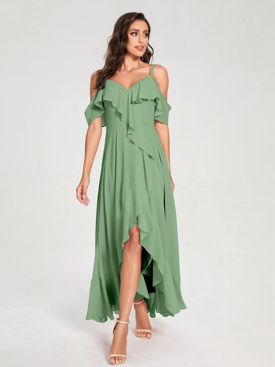 A-Line/Princess Chiffon Spaghetti Straps V-Neck Short Sleeves With Ruffles Asymmetrical Bridesmaid Dresses Dusty Sage