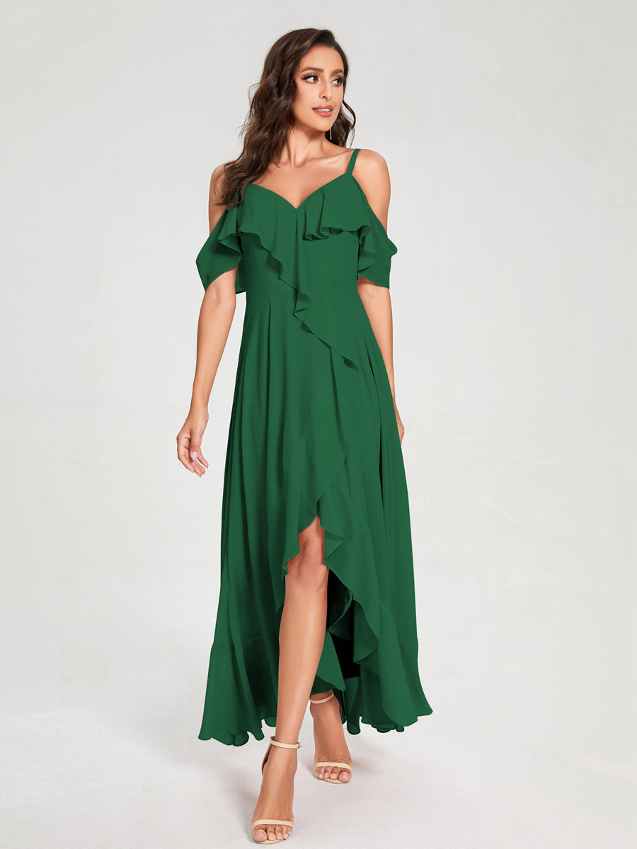 A-Line/Princess Chiffon Spaghetti Straps V-Neck Short Sleeves With Ruffles Asymmetrical Bridesmaid Dresses Emerald