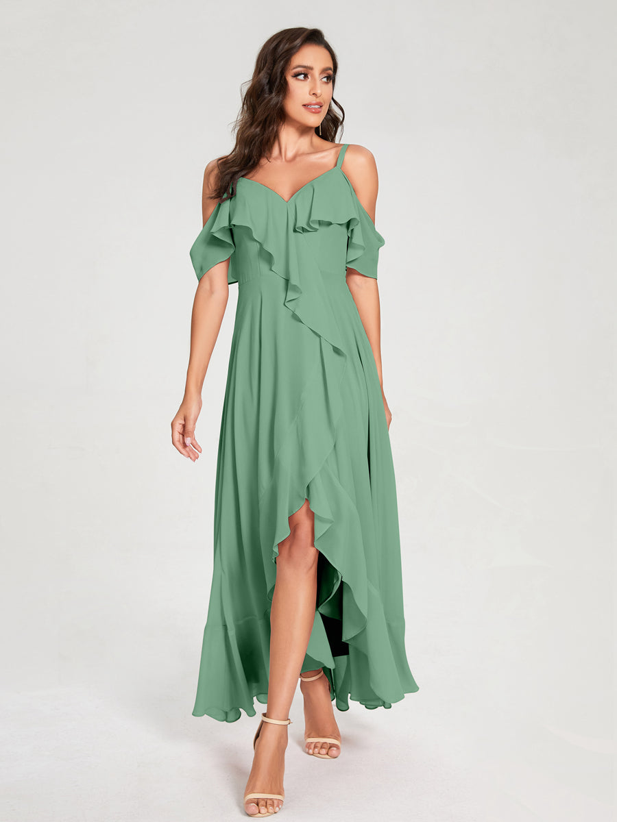 A-Line/Princess Chiffon Spaghetti Straps V-Neck Short Sleeves With Ruffles Asymmetrical Bridesmaid Dresses Eucalyptus