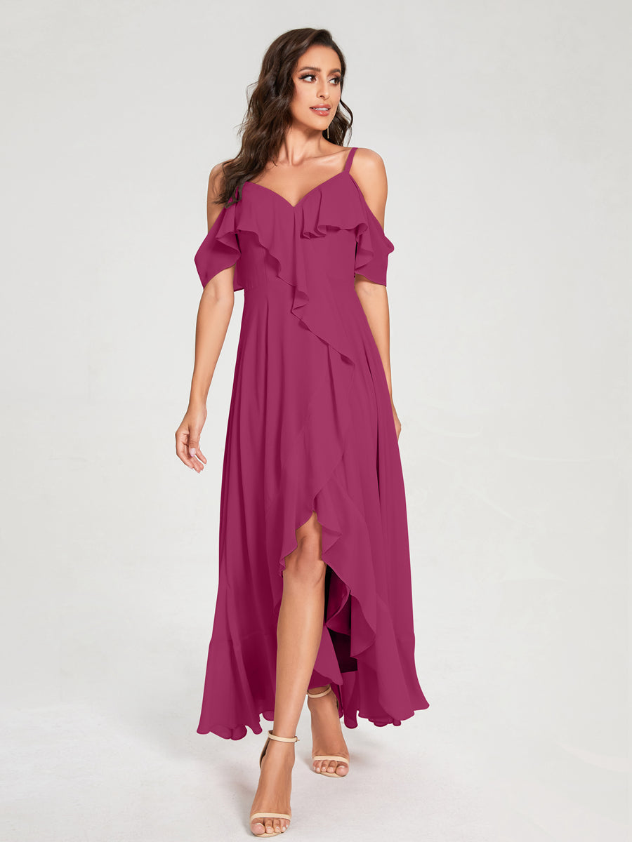 A-Line/Princess Chiffon Spaghetti Straps V-Neck Short Sleeves With Ruffles Asymmetrical Bridesmaid Dresses Fuchsia