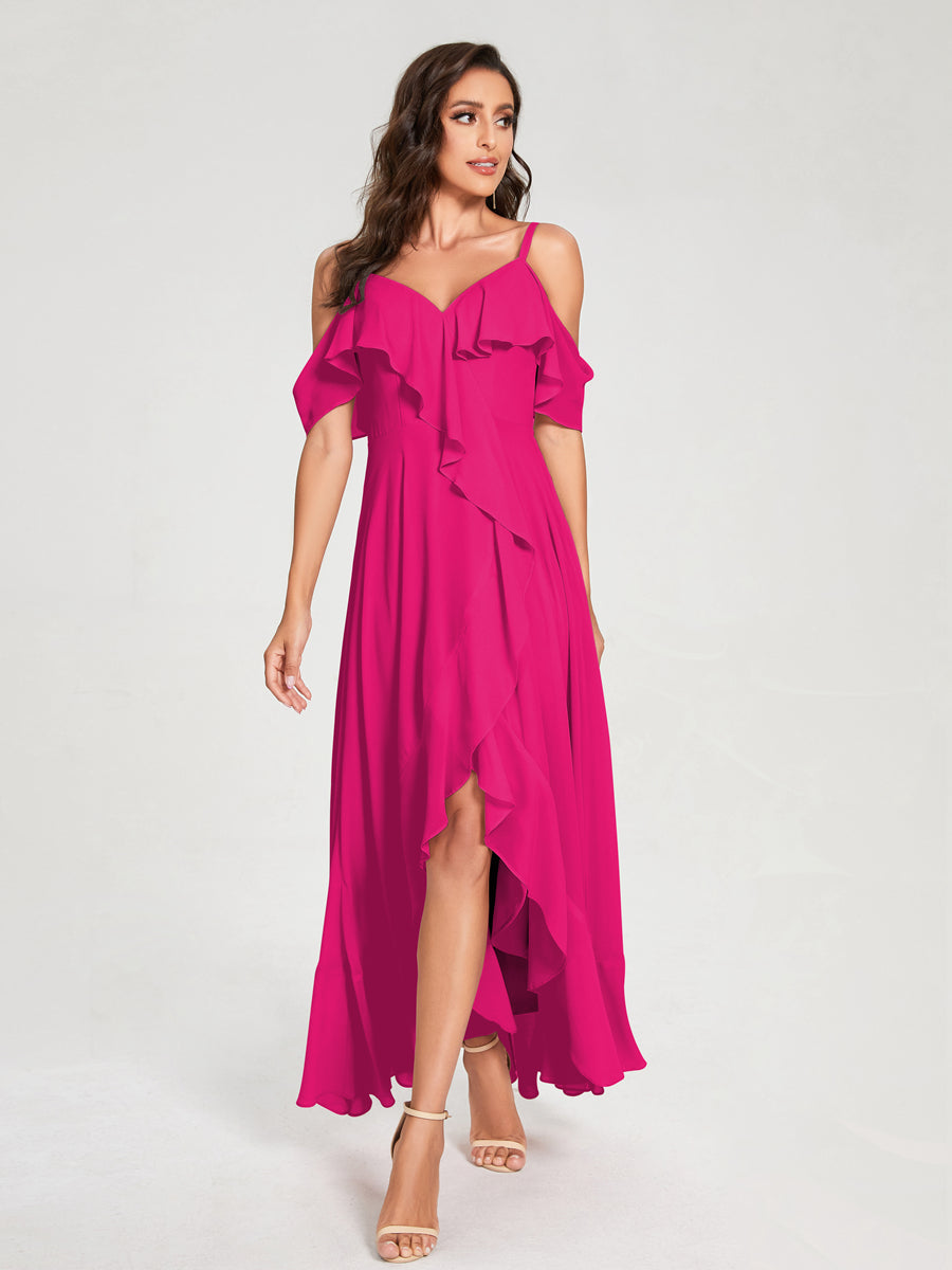 A-Line/Princess Chiffon Spaghetti Straps V-Neck Short Sleeves With Ruffles Asymmetrical Bridesmaid Dresses Fuchsia Pink