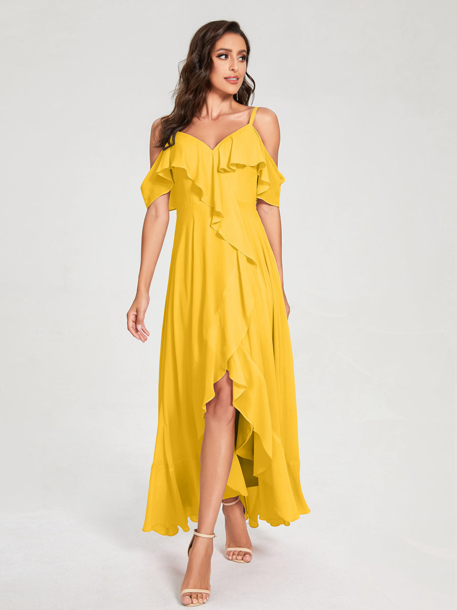 A-Line/Princess Chiffon Spaghetti Straps V-Neck Short Sleeves With Ruffles Asymmetrical Bridesmaid Dresses Gold