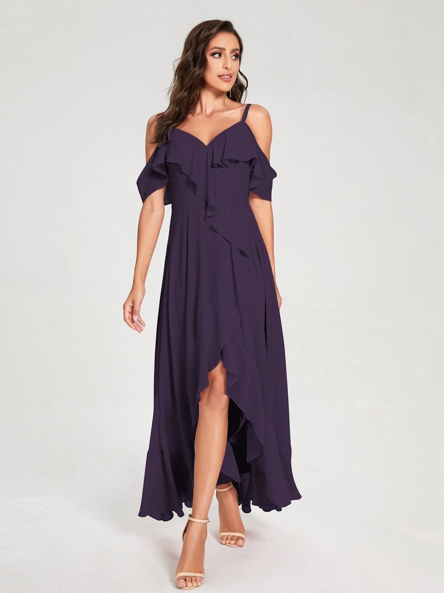 A-Line/Princess Chiffon Spaghetti Straps V-Neck Short Sleeves With Ruffles Asymmetrical Bridesmaid Dresses Grape