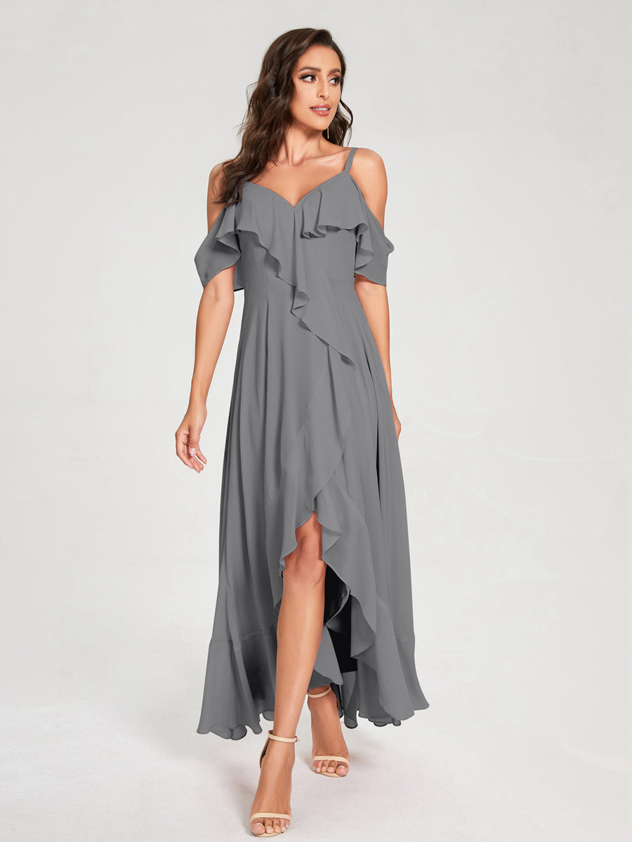 A-Line/Princess Chiffon Spaghetti Straps V-Neck Short Sleeves With Ruffles Asymmetrical Bridesmaid Dresses Gray
