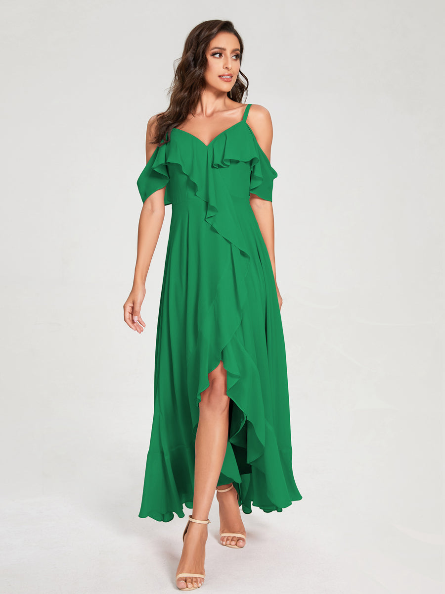 A-Line/Princess Chiffon Spaghetti Straps V-Neck Short Sleeves With Ruffles Asymmetrical Bridesmaid Dresses Green