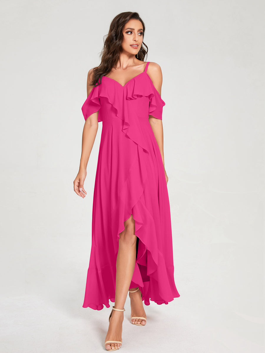 A-Line/Princess Chiffon Spaghetti Straps V-Neck Short Sleeves With Ruffles Asymmetrical Bridesmaid Dresses Hot Pink