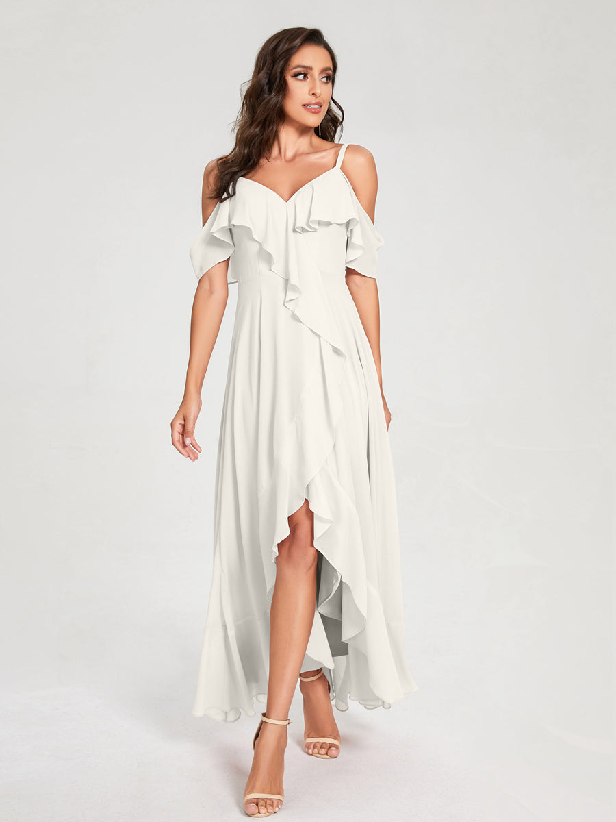 A-Line/Princess Chiffon Spaghetti Straps V-Neck Short Sleeves With Ruffles Asymmetrical Bridesmaid Dresses Ivory
