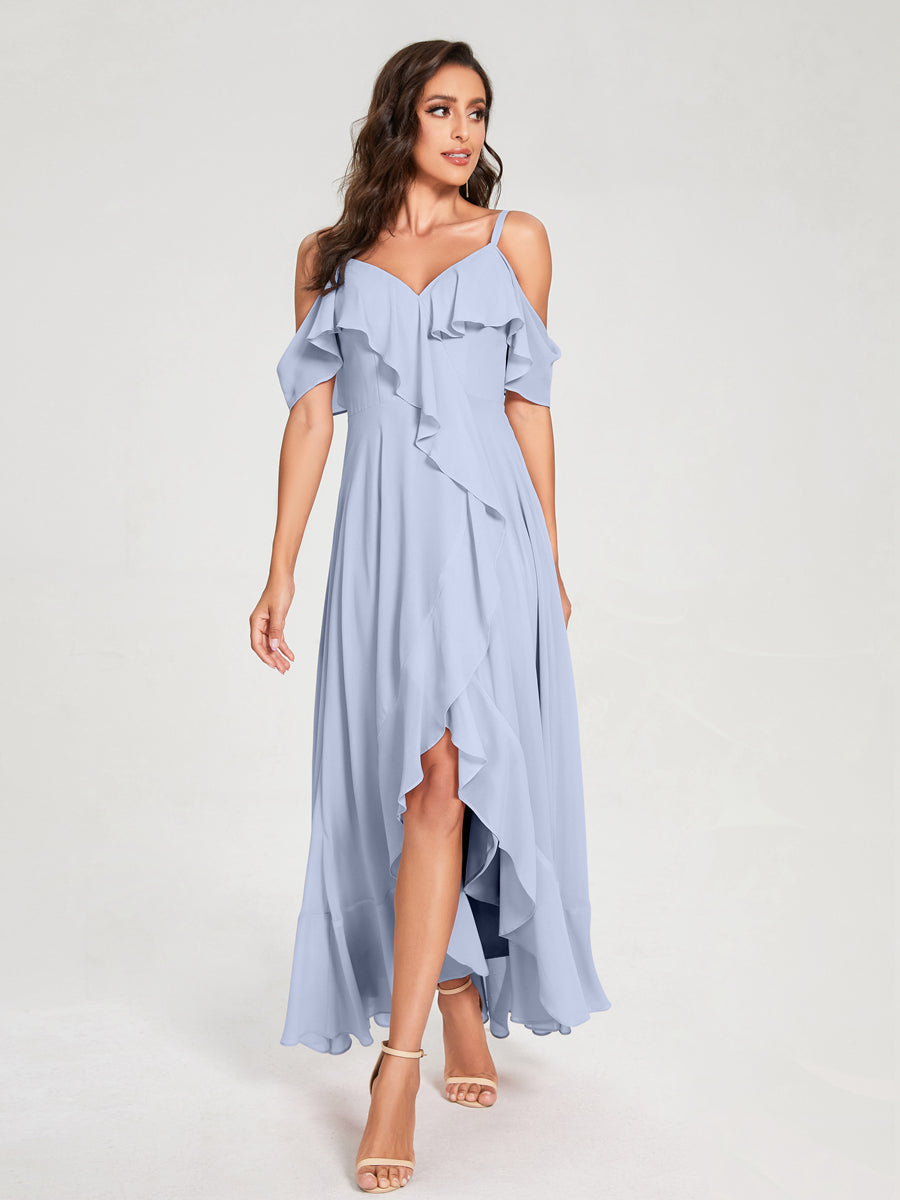 A-Line/Princess Chiffon Spaghetti Straps V-Neck Short Sleeves With Ruffles Asymmetrical Bridesmaid Dresses Lavender