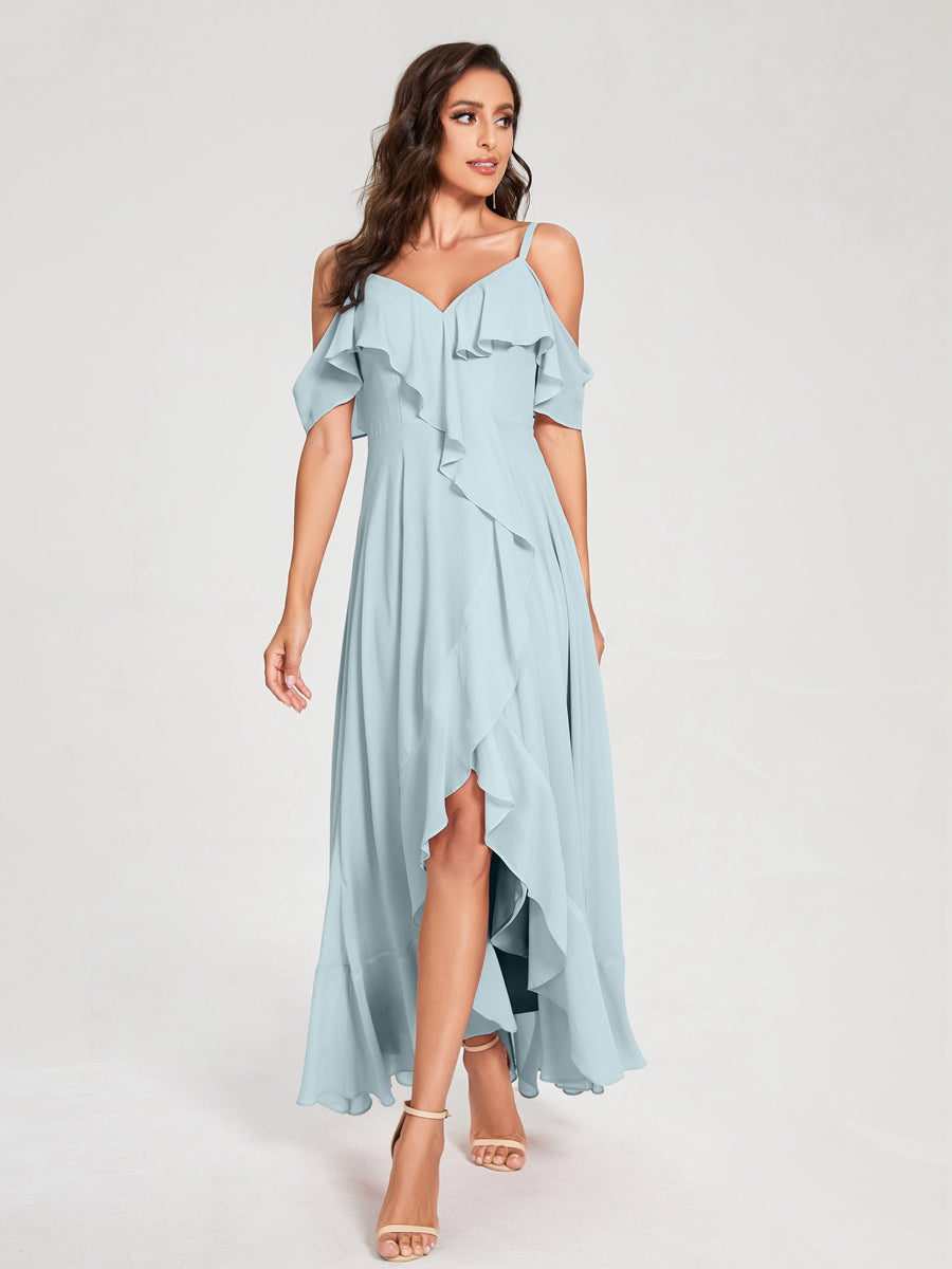 A-Line/Princess Chiffon Spaghetti Straps V-Neck Short Sleeves With Ruffles Asymmetrical Bridesmaid Dresses Light Blue