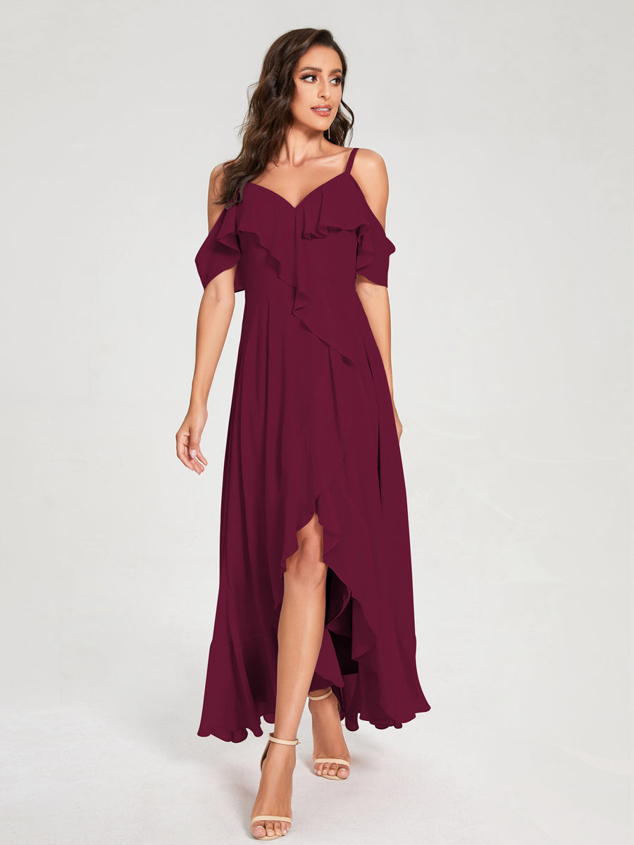 A-Line/Princess Chiffon Spaghetti Straps V-Neck Short Sleeves With Ruffles Asymmetrical Bridesmaid Dresses Light Burgundy