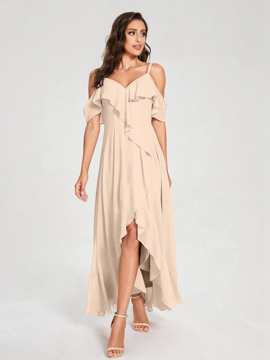 A-Line/Princess Chiffon Spaghetti Straps V-Neck Short Sleeves With Ruffles Asymmetrical Bridesmaid Dresses Light Champagne