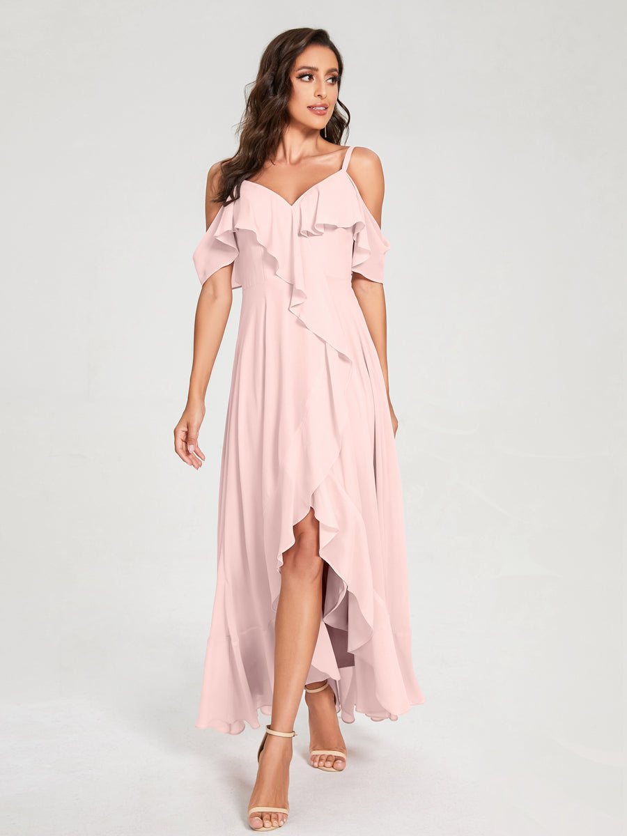 A-Line/Princess Chiffon Spaghetti Straps V-Neck Short Sleeves With Ruffles Asymmetrical Bridesmaid Dresses Light Pink
