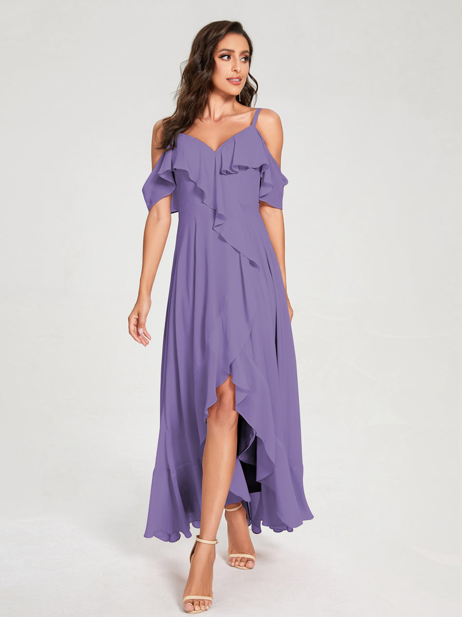A-Line/Princess Chiffon Spaghetti Straps V-Neck Short Sleeves With Ruffles Asymmetrical Bridesmaid Dresses Light Purple