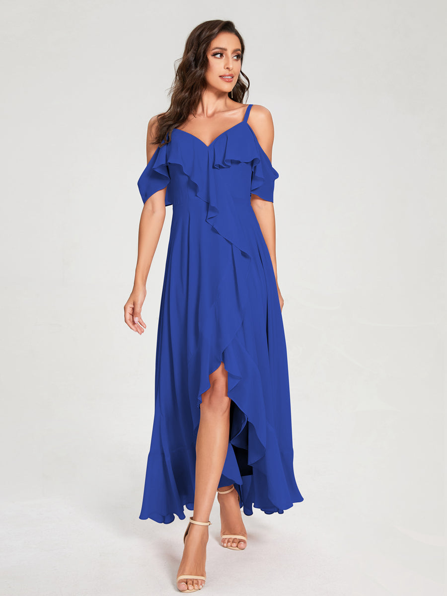 A-Line/Princess Chiffon Spaghetti Straps V-Neck Short Sleeves With Ruffles Asymmetrical Bridesmaid Dresses Light Royal Blue